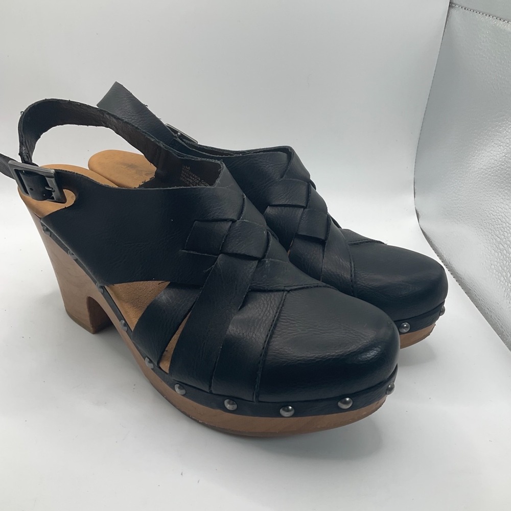 Korks Wynne Platform Clogs Black Woven Slingback Studded Wood Comfort  Sz 9